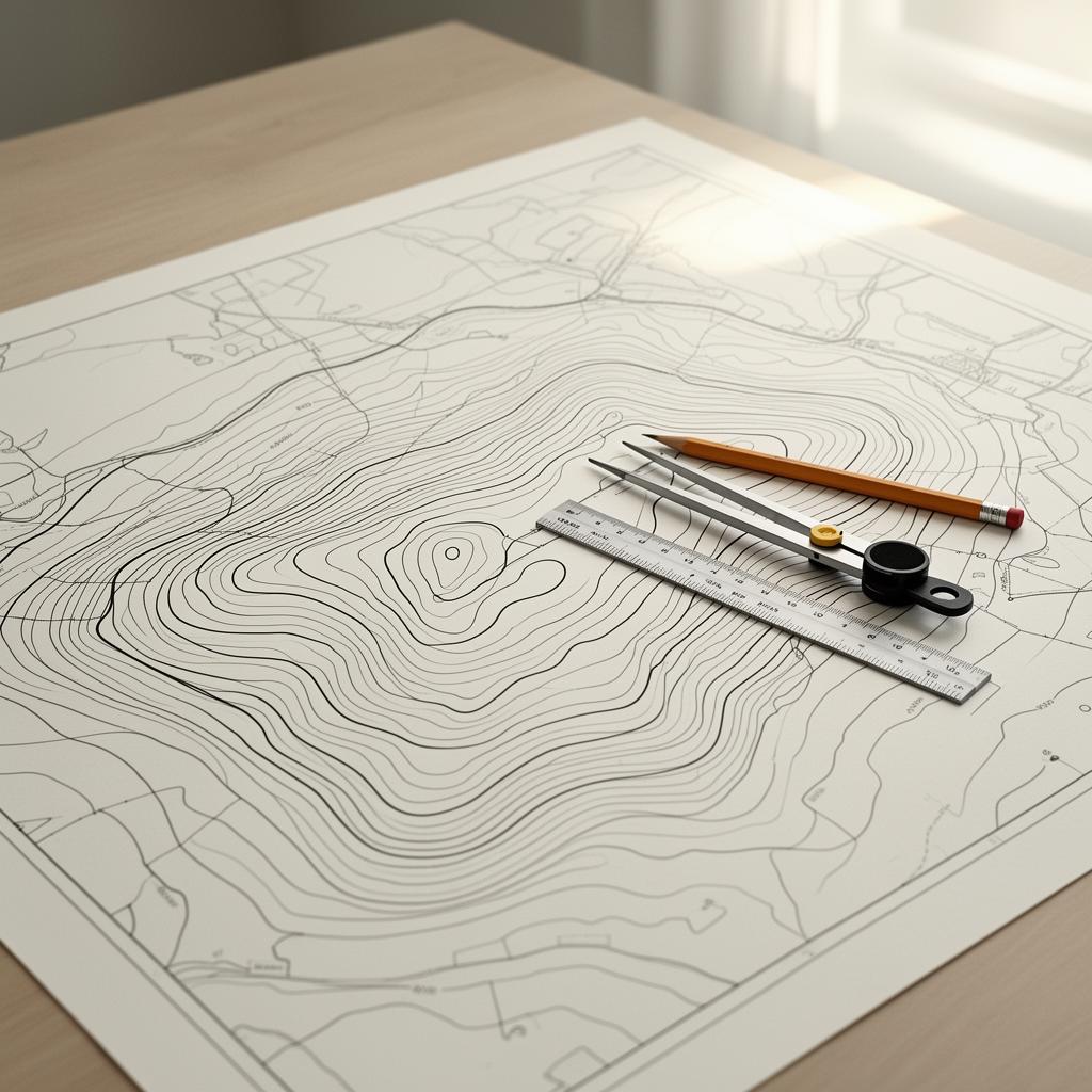 Topographic survey map with contour lines and tools