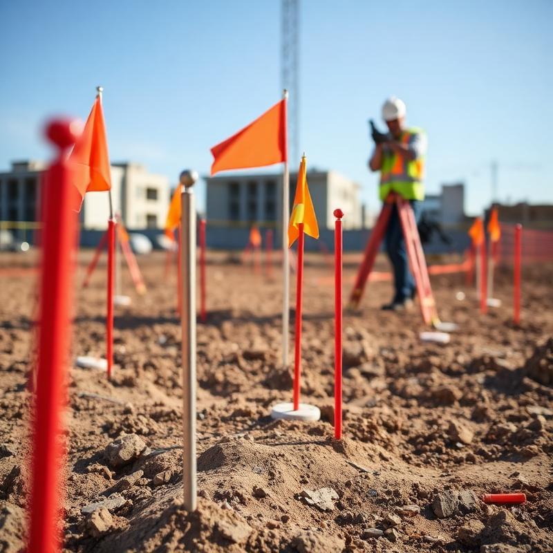Construction staking with survey flags on a site