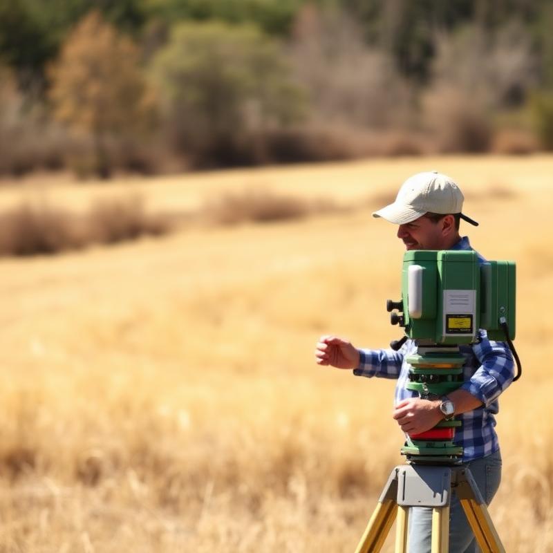 Surveyor setting up survey equipment in a rural field