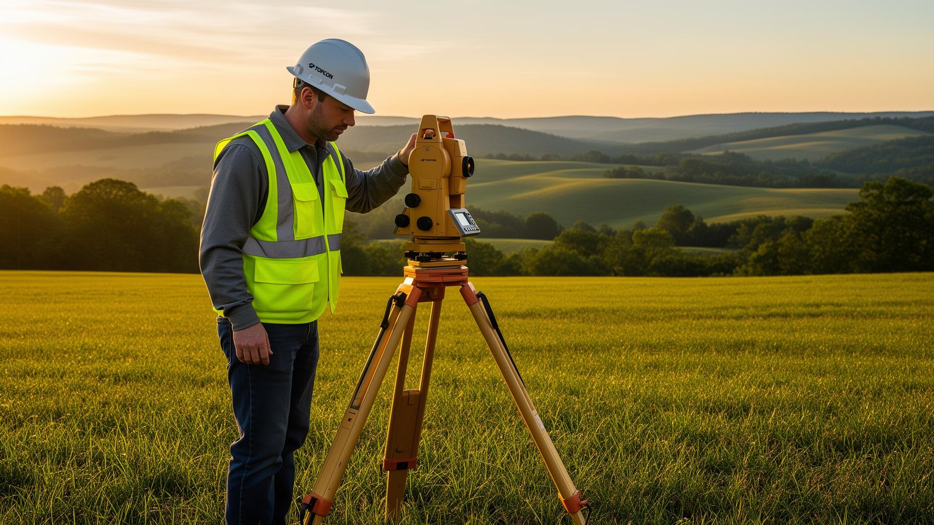 Land surveyor using a Topcon total station in a Tennessee field at sunset